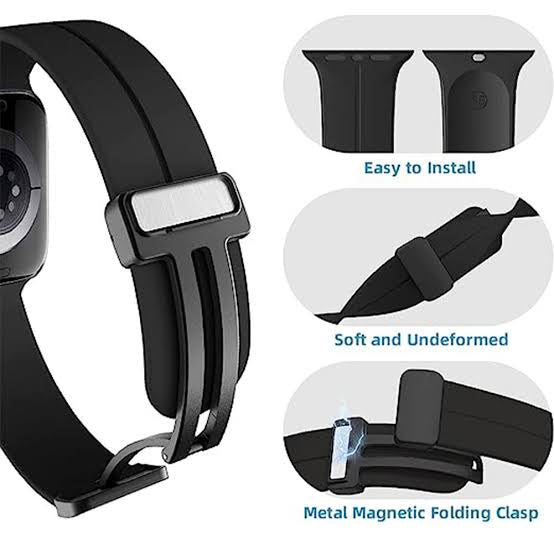 Silicon Magnetic Buckle Watch Band| ultra 2 band 49mm, Series 10 46mm, 9|8|7 45mm, SE2|SE|6|5|4 44mm, 3|2|1 42mm (Black),(silver)