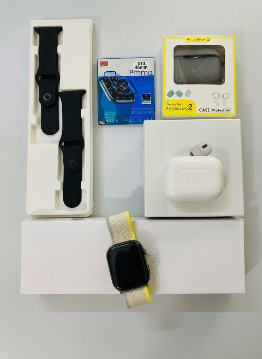5-in-1 Premium Gadgets Combo – Series 10 Watch, Air Pro 2, Premium Extra Strap, Watch screen guard and Silicon Cover