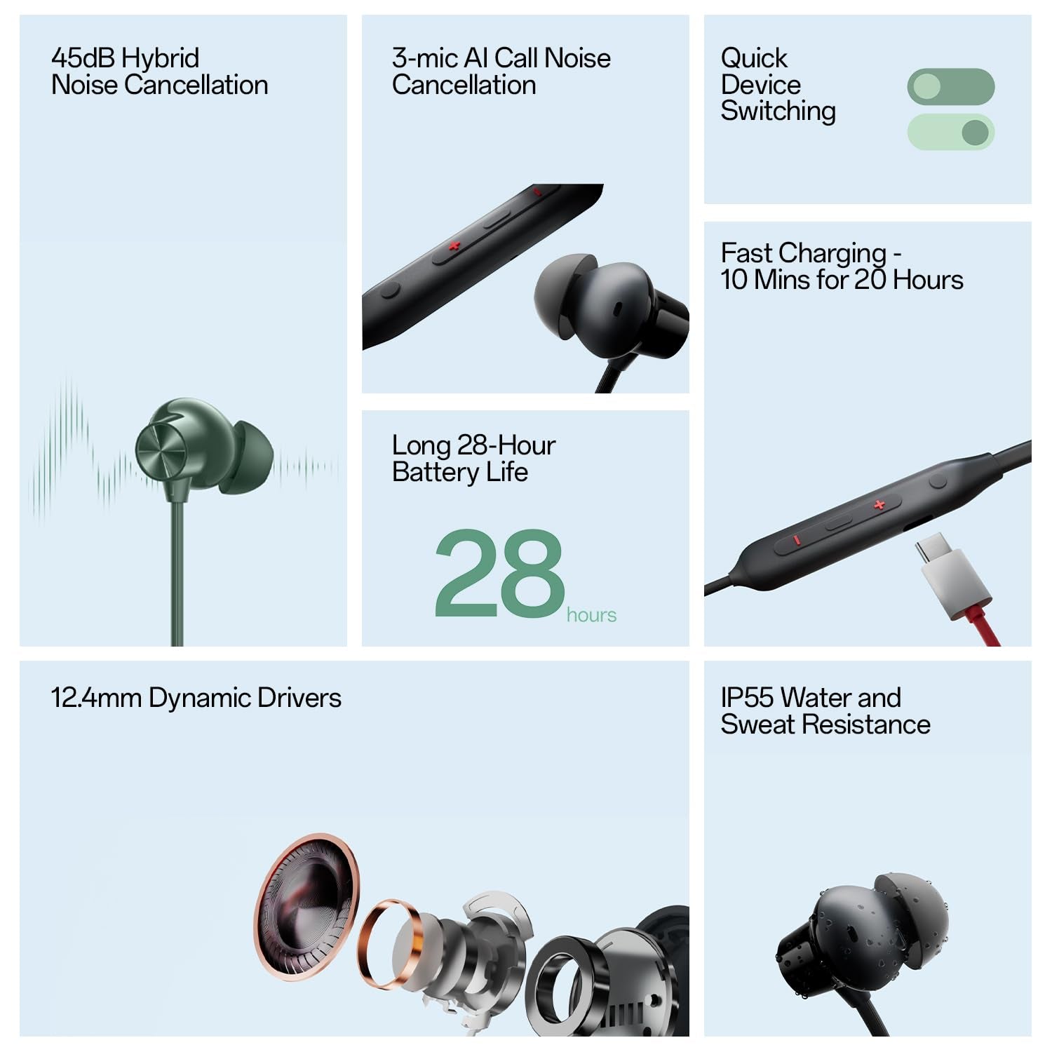 OnePlus Bullets Wireless Z2 ANC Bluetooth in Ear Earphones with Mic, 45dB Hybrid ANC, Bombastic Bass - 12.4 mm Drivers, 10 Mins Charge - 20 Hrs Music, 28 Hrs Battery